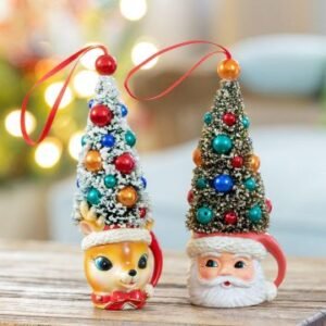 Retro Deer and Santa Mug with Sisal Tree Ornament